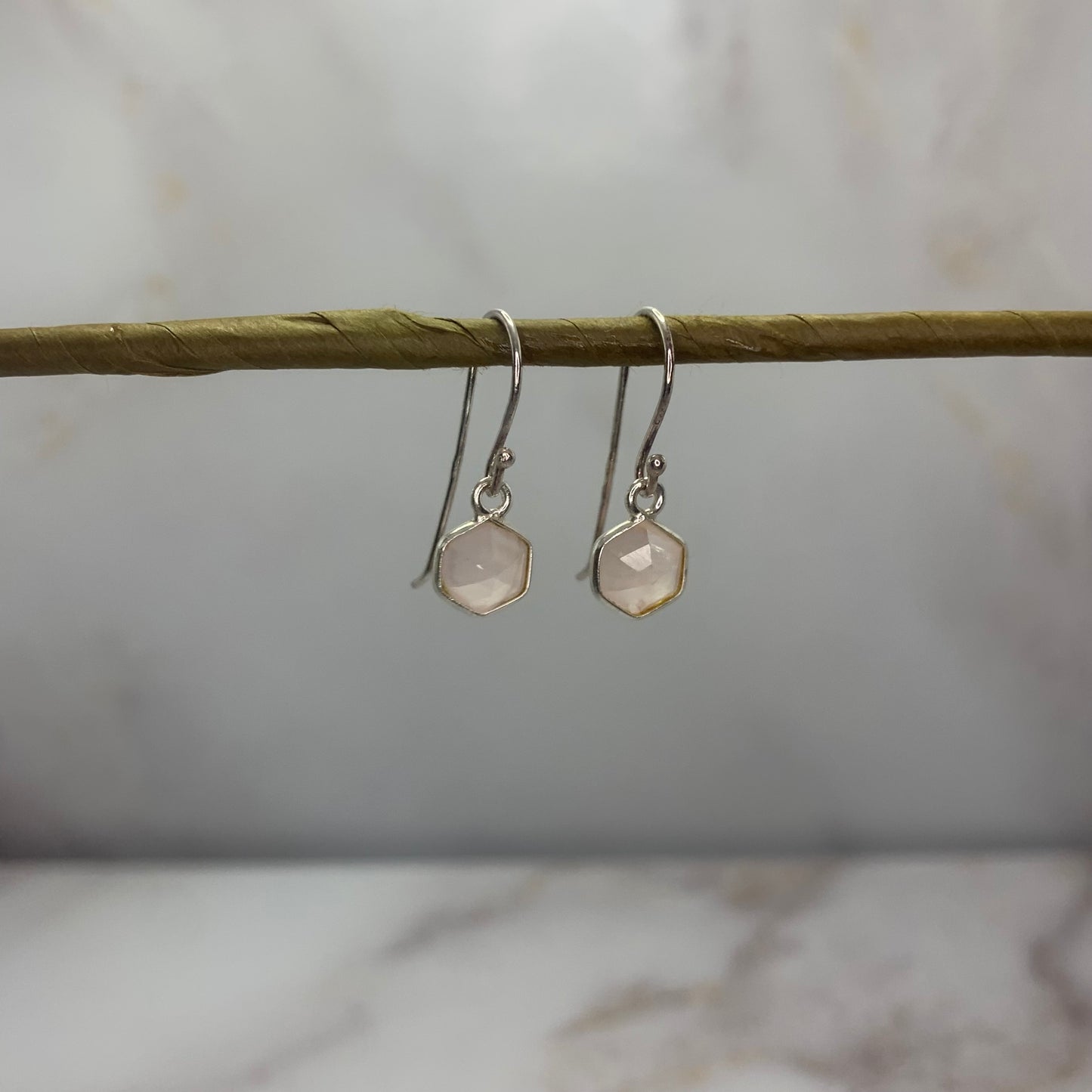 Rose Quartz Hexagon Earrings - Silver