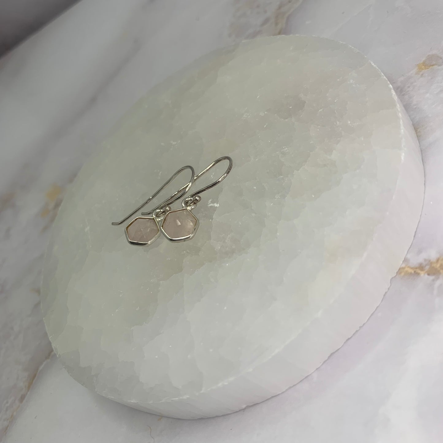 Rose Quartz Hexagon Earrings - Silver